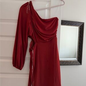 One-Shoulder Wine Red Mini Dress with Draped Bodice